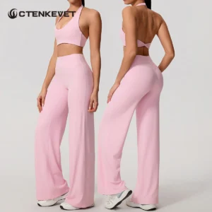 Sommer 2-teiliges Damen Schnelltrocknendes Sportset U-Ausschnitt Sport-BH Ärmelloses Yoga-Top Zweiteiliges Fitness-Workout-Set mit Schlaghose