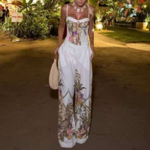 Lässiges Off-Shoulder-Träger-Top+Mantel+Hose Party-Set Neuer Frühling-Sommer-Urlaubsanzug für Damen Elegantes Muster Bedrucktes Gerades Outfit