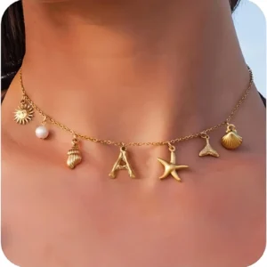MHS.SUN Halskette mit Seestern-Muschel-Anfang, wasserdicht, 18 Karat vergoldet, Edelstahl, Charm-Halsketten, Surfer, Mädchen, Sommer, Strand, Geschenk
