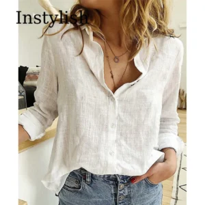 Elegante Baumwolle Leinen Shirts Frauen Casual Feste Taste Revers Blusen Shirts Herbst Winter Lange Hülse Lose Tops Tunika Blusas