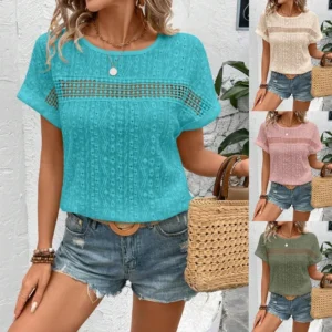 Sommerbluse für Damen, modisch, elegant, kurzärmelig, aushöhlen, lässig, solide O-Ausschnitt, lockeres Hemd, Übergröße, Tops, 2025, Kleidung