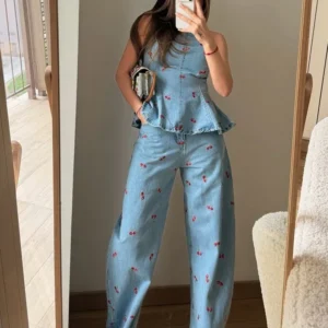 Bedrucktes Denim-Ärmelloses-Top Zweiteiler-Set Elegantes Damen-Outfit mit Rundhalsausschnitt Modisches Kurzshirt Lange Hose Anzug 2026 Street-Outfits