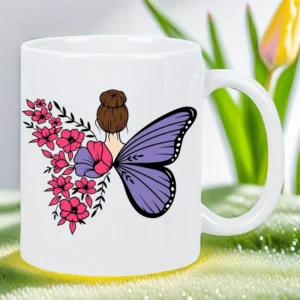 Weiße Keramiktasse mit Schmetterlingen und Blüten – perfekt für Morgenkaffee, Tee oder heiße Schokolade – einzigartiges Geschenk für Schmetterlinge