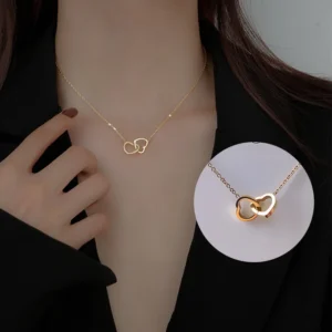 18k Vergoldete Minimalistische Doppelring-Herzkette Halskette für Frauen Titan-Stahl Anlaufgeschützter Trendiger Modeschmuck