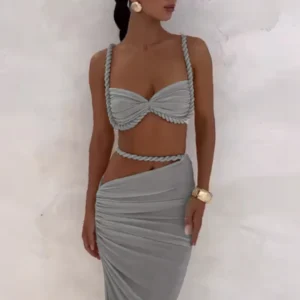 Cutenew Woven Passende Frauen 2-teilige Sexy Urlaub Outfits Plissee Crop Camis + Raffen Hohe Taille Maxi Röcke Solide Mujer Sets