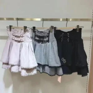 Sweet Lolita Jirai Kei Skort mit hoher Taille – kurzer Rock mit doppelter Schleife und Schnalle für Damen, japanische Y2K-Kawaii-Mode, Sommer, lässig