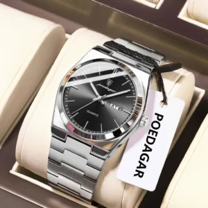 POEDAGAR Luxus Herren Quarz Armbanduhr Wasserdicht Leucht Datum Woche Mann Uhr Edelstahl Business Fashion Uhren Für Männer