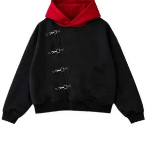 Y2K Red Itadori Hoodie, übergroßes, schwarz-rotes, gespleißtes Sweatshirt mit Metallknöpfen, trendige und schlichte Streetwear-Jacke für Männer und Frauen