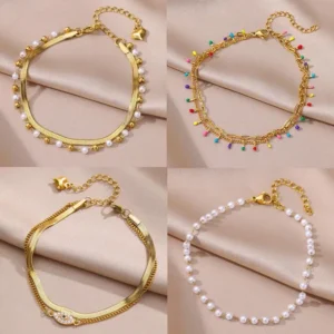Fußkettchen für Damen, Sommer, Strand, Accessoires, Edelstahl, Imitationsperlenkette, Fußkettchen, goldfarben, Beinarmbänder, Körperkette, Geschenke