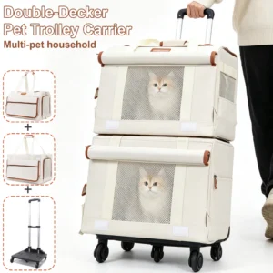 Abnehmbarer Rollkoffer für Katzen mit zwei Fächern, atmungsaktiver Netzstoff und harter Stütze, geräuscharmer Universal-Reisekoffer für Haustiere