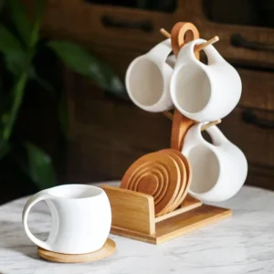 Keramik-Kaffeetassen-Set, vierteiliges kreatives Tassen- und Untertassen-Set mit Bambusrahmen, Kaffeebecher, Küchenzubehör