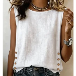 Modische Elegante Oberteile Bluse Sommer Neue Damen Rundhals Lässige Lose Knopfleiste Baumwolle Leinen Einfarbiges Oberteil Damenkleidung