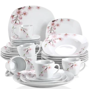 VEWEET 30/60-teiliges Teller-Set aus weißem Keramik-Rosa-Blumenporzellan mit 6-teiligem Speiseteller/Suppe/Dessert/Tassen/Tauchern für 6–12 Personen