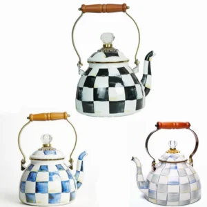 2,5 Quart Check Emaille Teekessel Vintage emaillierte Teekanne Herd für Wasser Kaffee Teekanne Home Küche Dekor mit Griff