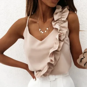 Frauen Sommer Bluse Hemden sexy V-Ausschnitt Rüschen Blusen rücken freie Spaghetti träger Büro Damen ärmellose lässige Tops