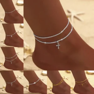 Sommer glänzend funkelnde einfache silberne Farbe Fußkettchen Zirkon Kreuz Liebe Perle Doppels chicht Armband auf Bein Fuß trend igen Strands chmuck
