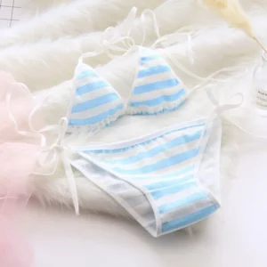 Blau-weiß gestreiftes Set mit Schnürriemen, blau-weiß gestreiftes Set mit fetter Innenseite, zweiteiliges Damen-Dessous-Set, BH-Set, sexy