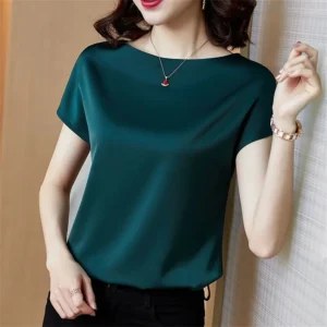 Büro Dame Tops Sommer Kurzarm Oansatz Blusen Satin Bluse Frauen Shirts Einfache Feste Beiläufige Lose Hemd Blusas DF4904