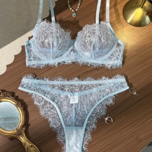 Damen-Unterwäsche-Set im Basic-Stil mit dünnem Spitzen-BH und Slip, nahtlos, einlagig, mit Ösen, bequeme Intimkleidung