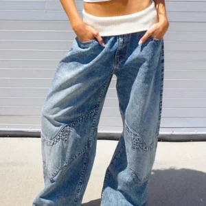 Y2K Retro Joker Jeans Women's High Street Fashion Wide-leg Pants Loose Fit Casual Denim Knee-Length Overalls with Stitching
