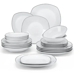 MALACASA 24/48-teiliges Porzellan-Teller-Set mit schwarzem Rand und 6/12-teiligem Suppen-Essteller-Geschirrset-Service für 12/24 Personen