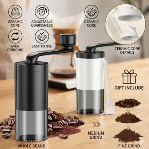 Manuelle Kaffeemühle mit Keramikmahlwerk, Doppellager, Verstellbare Handkurbel, Tragbare Espresso- und French-Press-Mühle, Barista-Werkzeuge