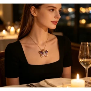 Elegante Schmetterlings-Anhänger-Halskette mit eingelegtem lila-rosa Zirkon-Kristall, zierliche Schlüsselbeinkette, modische Accessoires für den täglichen Gebrauch von Frauen