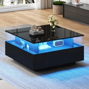 70 x 70 x 41 cm großer moderner Hochglanz-LED-Couchtisch mit 2 Schubladen und transparentem Präsentationsbereich, belastbar bis zu 30 kg