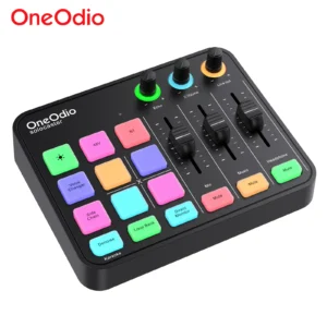 Oneodio Gaming Audio Mixer mit XLR-Mikrofon-Schnittstelle, 48 V Phantom RGB-Soundkarte für Podcast/Live-Streaming/PC-Sprachwechsler