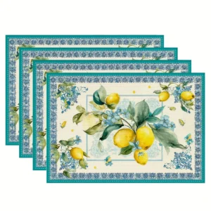4-teiliges Set Tischsets mit Zitronen- und Blumenmuster – Waschbare Polyester-Tischsets mit Vintage-Rand, für Esszimmer und Küche
