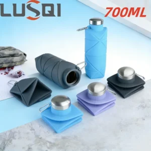 LUSQI 700 ml faltbare Silikon-Wasserflasche, tragbar, zusammenklappbar, für Outdoor-Sportarten, mit Stahldeckel, auslaufsicher, leicht