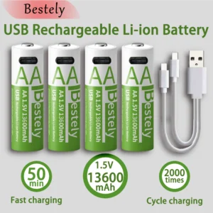 Neueste Wiederaufladbare 1,5V AA 13600mAh USB Lithium-Batterie, Schnell Aufladbare Li-Ionen AA-Batterie, 2000 Zyklen mit USB-C Anschlusskabeln