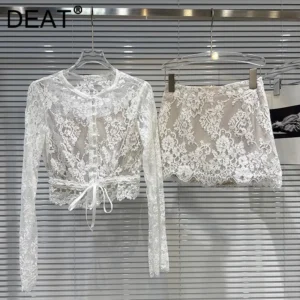 DEAT 2025 Herbst Neue Mode frauen Zwei-stück Set Spitze High-End-Gefühl Mesh T-shirts Eingewickelt Hüfte a-linie Mini Rock 11A06621