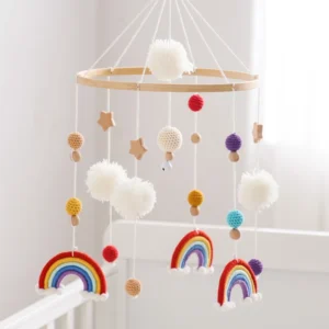 Baby Rassel Babybett bewegliches Spielzeug Baumwolle häkeln Regenbogen Krippe Glocke rotierende musikalische Rassel Projektion Holz spielzeug für Babybett