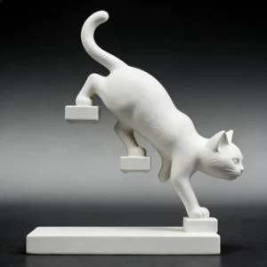 Modern White Leaping Cat Sculpture, Geometric Minimalist Home Decor for Living Room & Desk, Ideal Gift for Cat Lovers