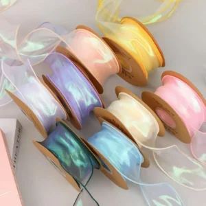 40mm 10 Yards Fischschwanz-Organzaband, reflektierendes, irisierendes Band mit gewelltem Rand für Geschenkverpackungen, DIY-Schleifen, Blumensträuße, Voile-Bänder