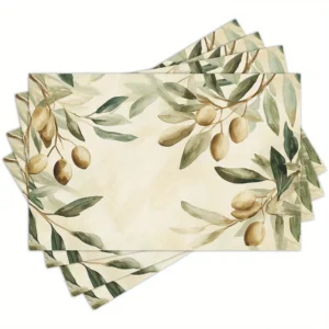 4 Stück Aquarell-Tischsets mit Olivenblättern – waschbar, rechteckiges Design, ideal für Esszimmer, Küche und Feiertagsdekoration