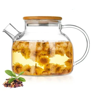 1/1,8L Glas-Teekanne mit Bambusdeckel 1 Stück Glas-Teekessel mit Abnehmbarem Filter-Ausgießer für Losen Tee, Früchtetee und Duftenden Tee