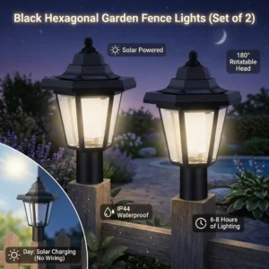 2 Stück Solar-Wandleuchte für Außenbereich, Sechseckige Solarleuchte IP44 Wasserdicht, Solar-Zaunleuchte mit Automatischer Ein/Aus-Funktion, Retro LED-Wandlampe für den Garten