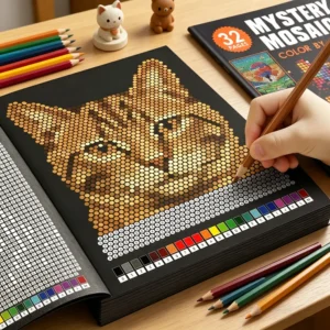 Mystery Mosaics Malbuch mit Zahlen zum Ausmalen, 32 Seiten, Pixel-Art-Aktivitätsbuch für Erwachsene, Stressabbau, kreatives Zeichenarbeitsbuch