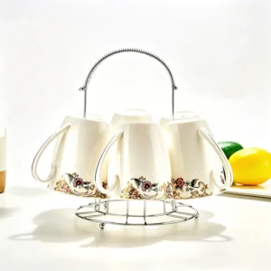 6 Tassen + 1 Ständer, niedliches Tassenset aus Knochenporzellan, originelle Kaffeetassen, mikrowellengeeignete Porzellantasse, Frühstückskaffeetassen, Espressotassen