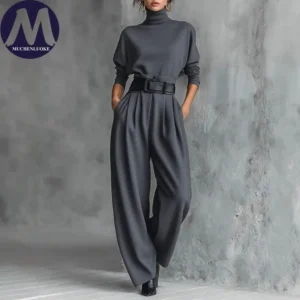 Damen High-Waist Wide-Leg Hosen-Set Frühling Herbst Mode Slim Fit Oberteil und Gürtel 2-teiliges Outfit Langarm Hochgeschlossenes Design