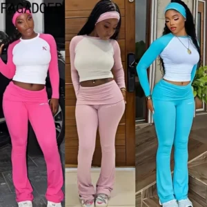 FAGADOER Lässiges 2-teiliges Set für Damen, langärmeliges Rundhals-T-Shirt und Hose mit hoher Taille, passende Trainingsanzüge, weibliche Sportbekleidung