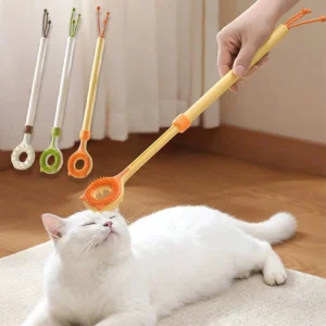 3-in-1 Katzenkratzbaum & Massagestab mit Teaser-Quaste, doppelseitige Fellbürste, Handgerät für lose Haare, für Hauskatzen