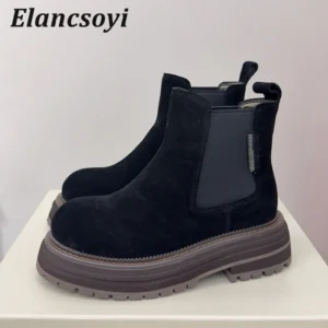 Chelsea-Stiefel für Damen aus Wildleder mit Rundem Zeh, Schnürung, Perlen und Plateau-Sohle, Herbst-Winter-Knöchelstiefel mit Dicker Sohle im Britischen Stil