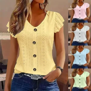 2025, Frühjahr/Sommer, neue Damenmode, stilvolles, lässiges, einfarbiges, mehrfarbiges T-Shirt mit Rüschenärmeln und V-Ausschnitt