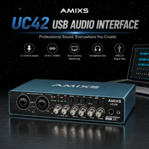 AMIXS UC42 Audio-Schnittstelle für die Aufnahme von Computer, kostenloses Laufwerk, externe USB-Soundkarte für PC-Audioausrüstung, professionelles Video