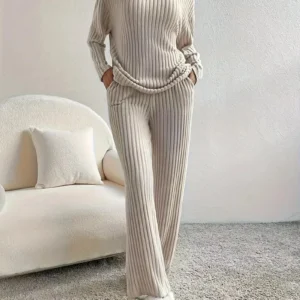 Herbst Winter 2-teiliger Pullover mit V-Ausschnitt, gerippte Strickoberteile und Hosen, passendes Set für Damen, Homewear, lässige Outfits