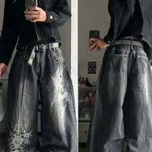 American New Fashion Oversized Pattern Printed Washed Jeans Men Y2K Gothic Rock Popular Casual Joker High Waist Wide Leg Pants