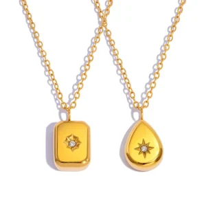 Exquisite Briolette- und Quadrat-Anhänger-Halskette für Damen | Hypoallergene Polierte Edelstahlkette mit 18K Goldplattierung